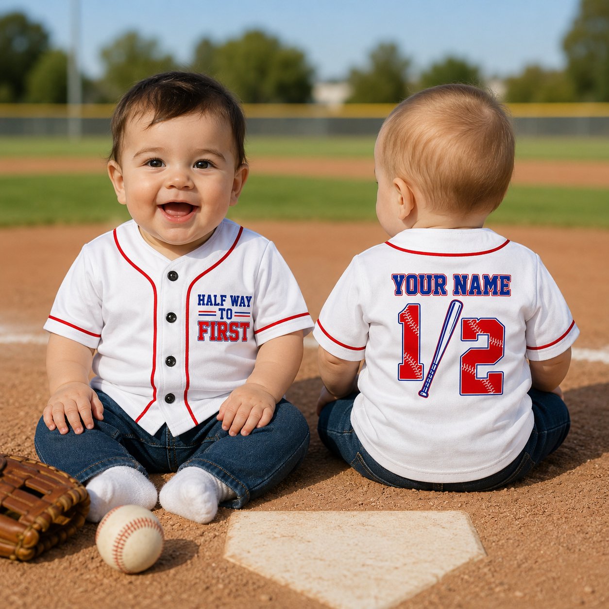 Lifestyle view of a kid wearing the white half birthday kids jersey