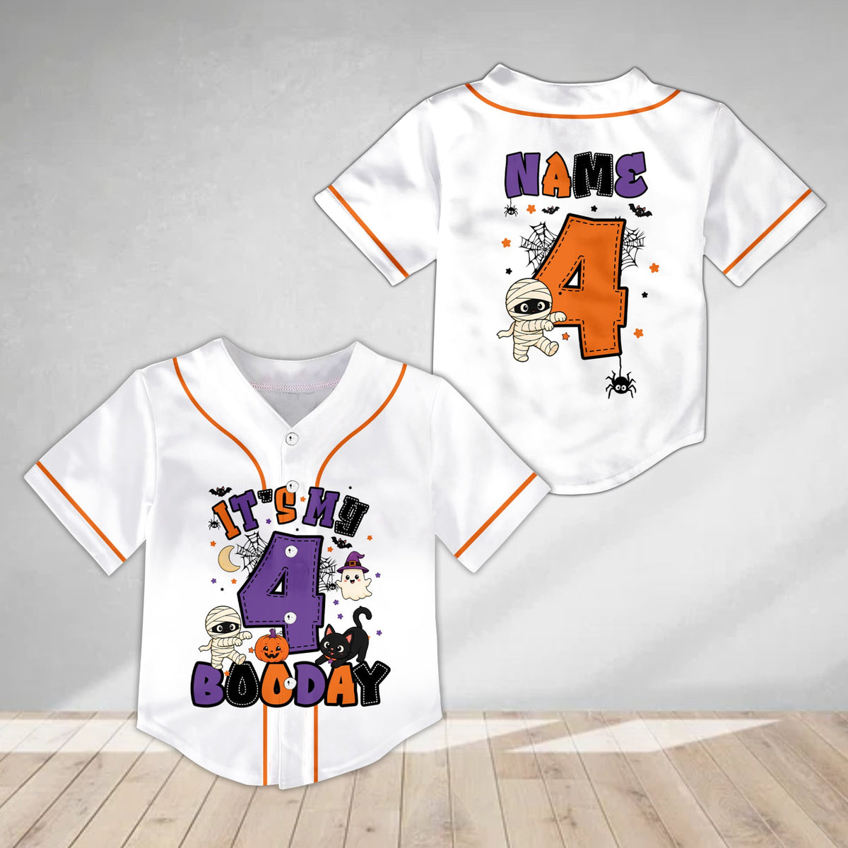 White halloween birthday kids jersey featuring 'IT'S MY BOODAY' and cute characters