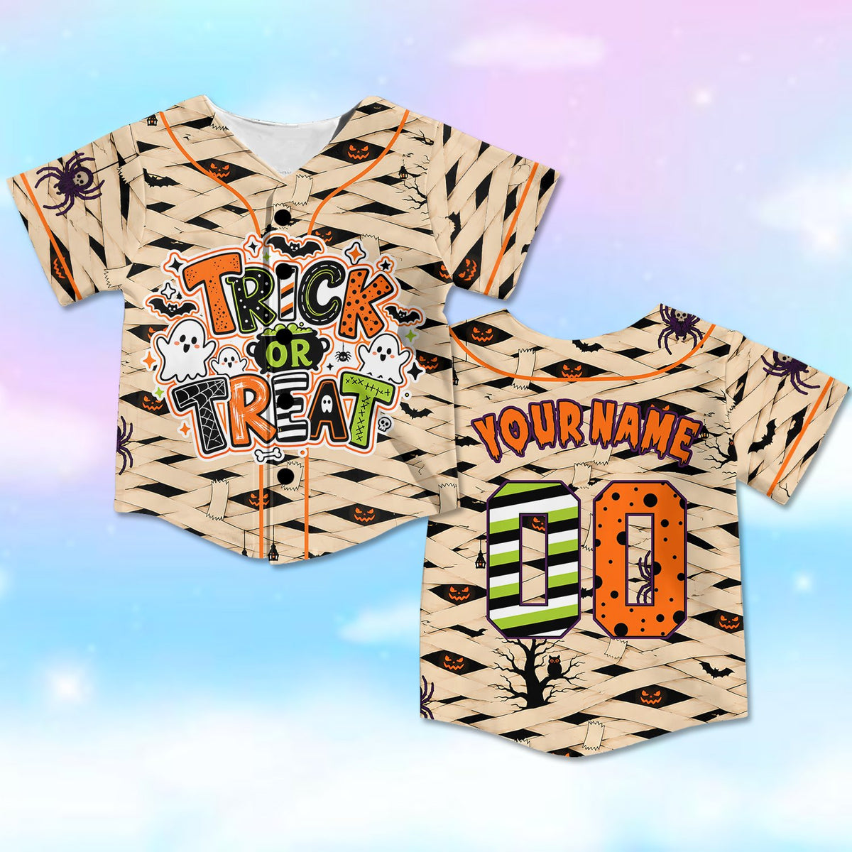 Personalized beige halloween kids jersey featuring mummy wrap design and trick or treat text, alternate front view