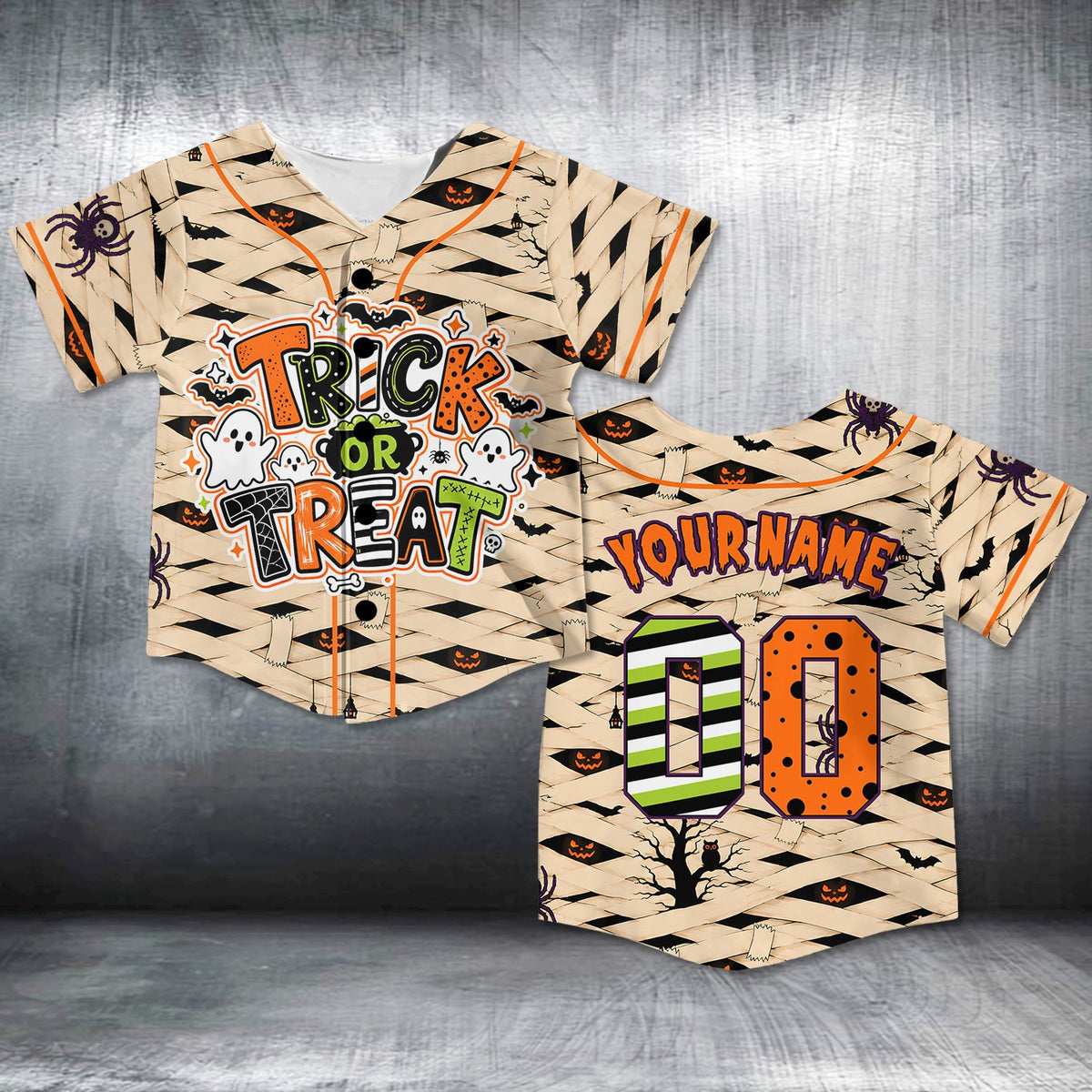 Personalized beige halloween kids jersey featuring mummy wrap design and trick or treat text, detailed front view