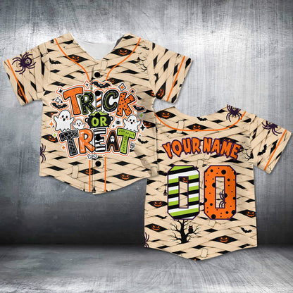 Personalized beige halloween kids jersey featuring mummy wrap design and trick or treat text, detailed front view