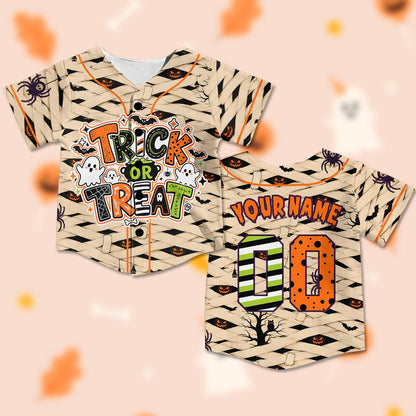 Personalized beige halloween kids jersey featuring mummy wrap design and trick or treat text, front view