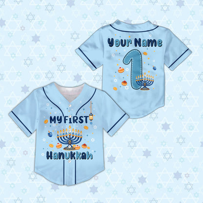 Light blue personalized kids jersey with Hanukkah design, front view