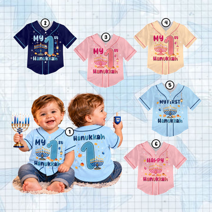 Lifestyle view of the personalized Hanukkah kids jersey in multicolor
