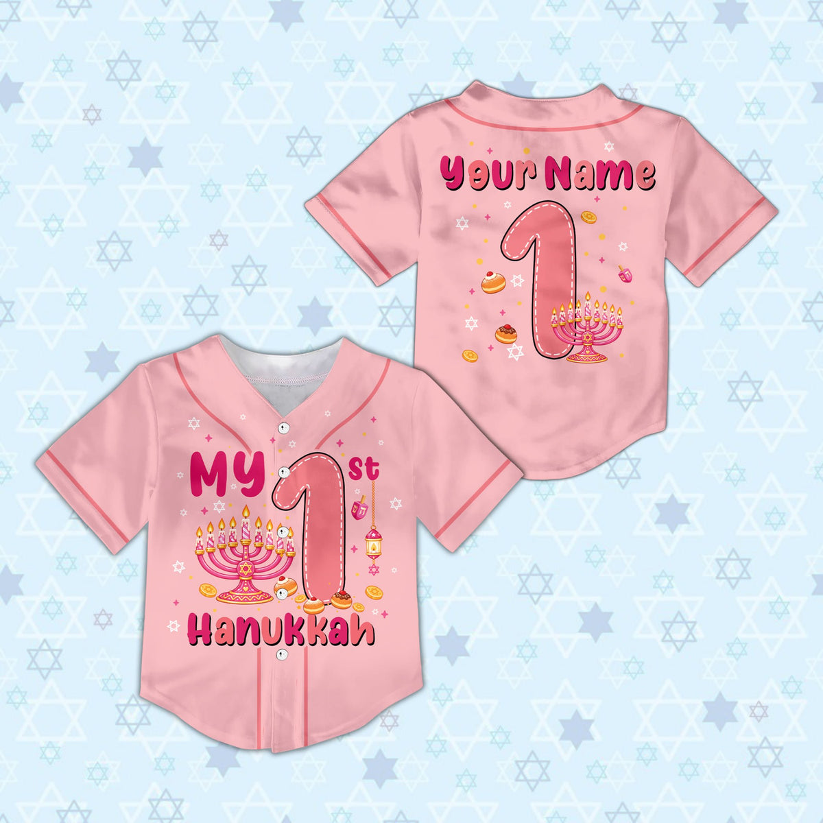 Pink custom kids jersey with holiday motif, front view