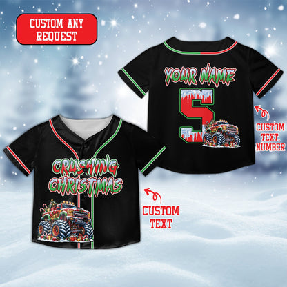 Personalized monster truck kids jersey in black with custom name and number, front view