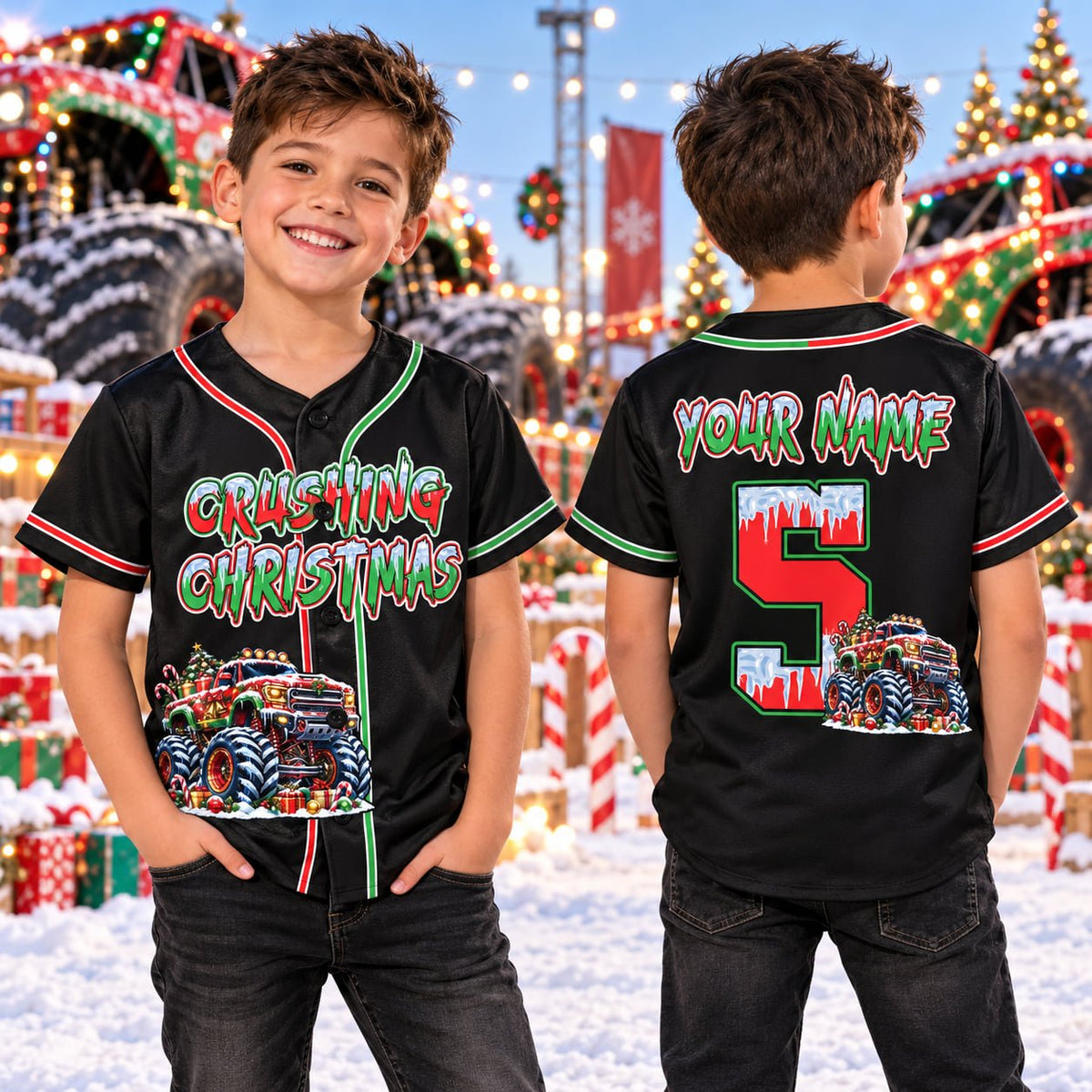Kid wearing personalized monster truck kids jersey in black, lifestyle view