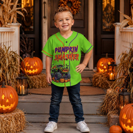 Main view of buy personalized kids jersey with Pumpkin Smasher monster truck design in green