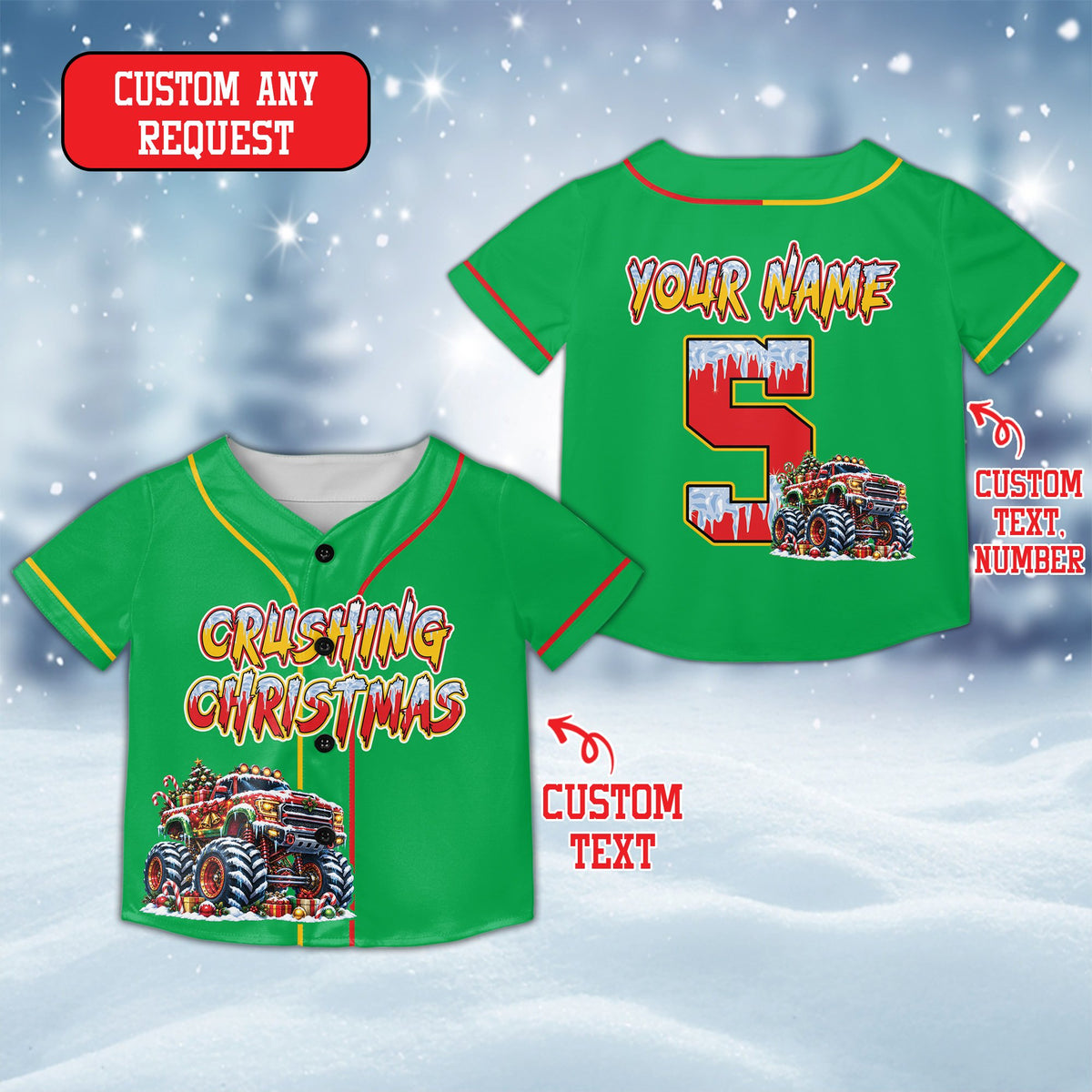Personalized monster truck kids jersey in green with custom name and number, front view