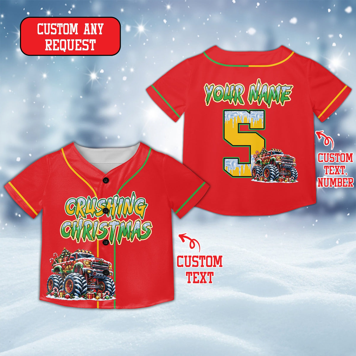 Personalized monster truck kids jersey in red with custom name and number, front view