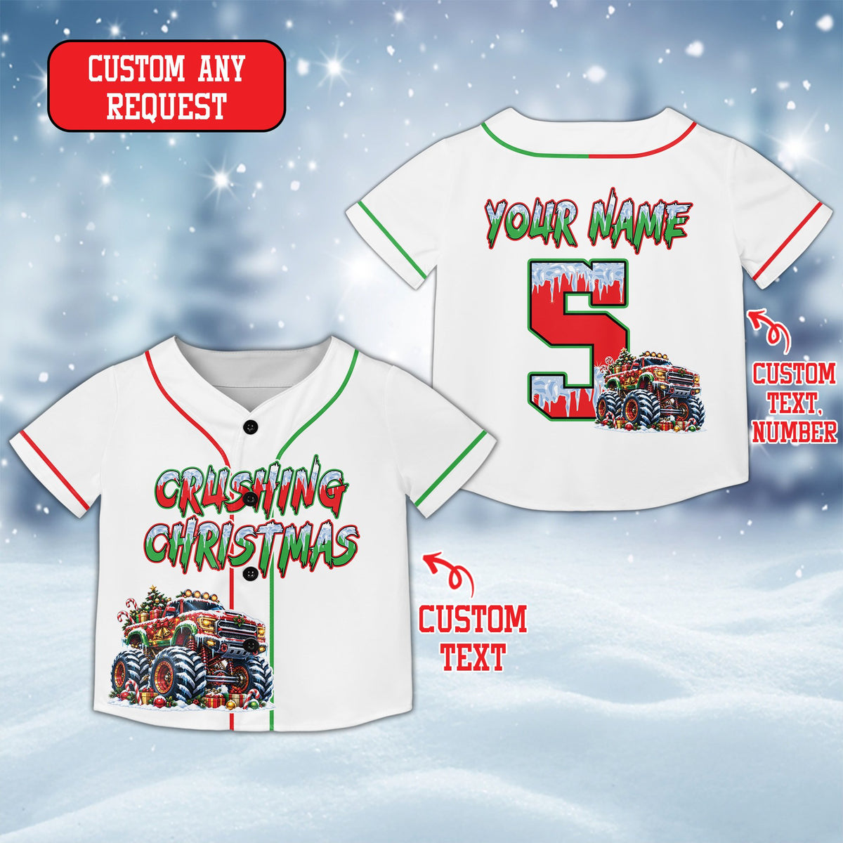 Personalized monster truck kids jersey in white with custom name and number, front view