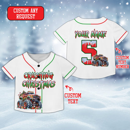 Personalized monster truck kids jersey in white with custom name and number, front view