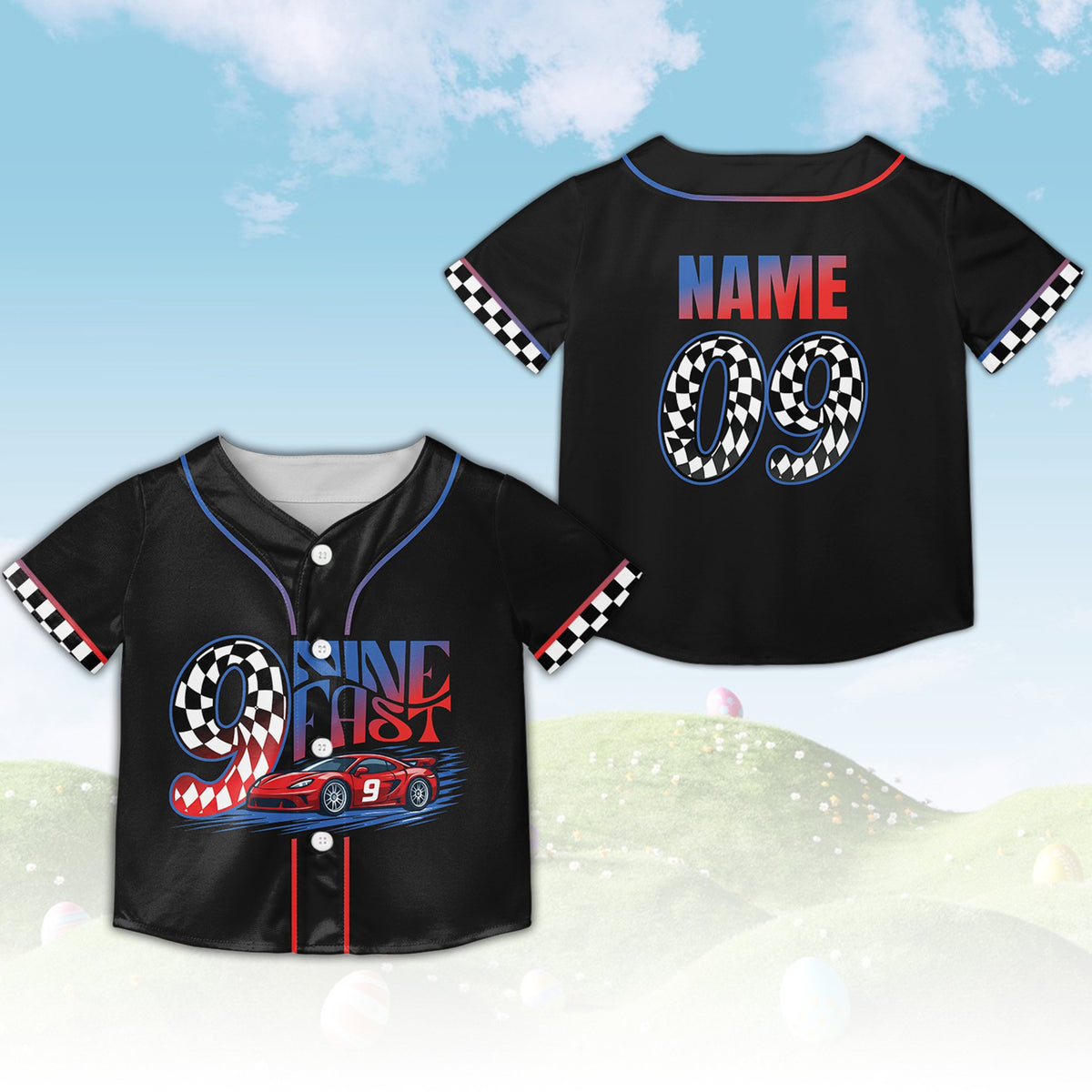 Racing birthday kids jersey in black, front view