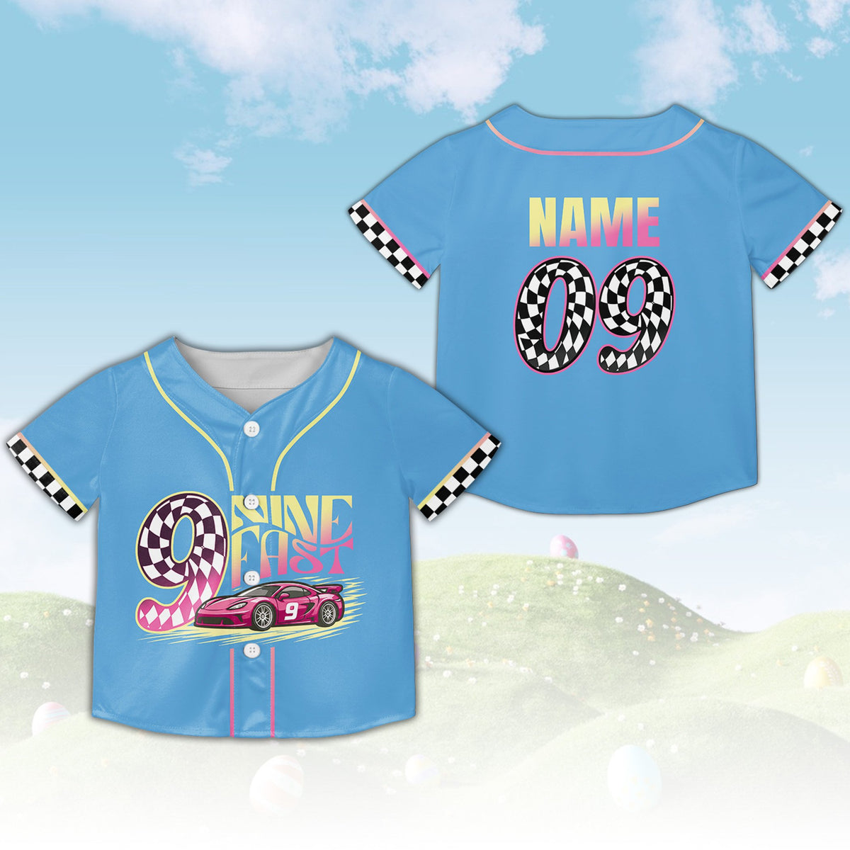 Racing birthday kids jersey in blue, front view
