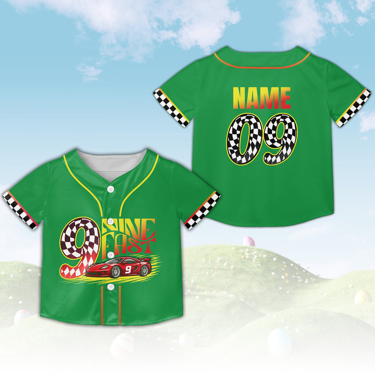 Racing birthday kids jersey in green, front view