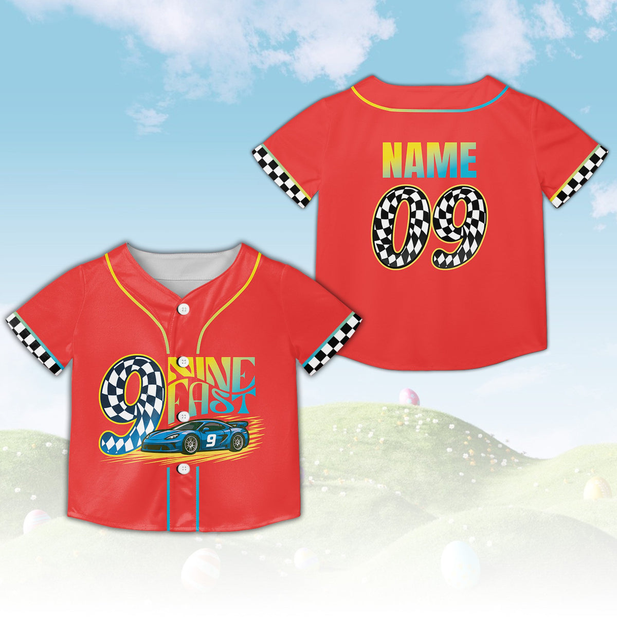 Racing birthday kids jersey in red, front view