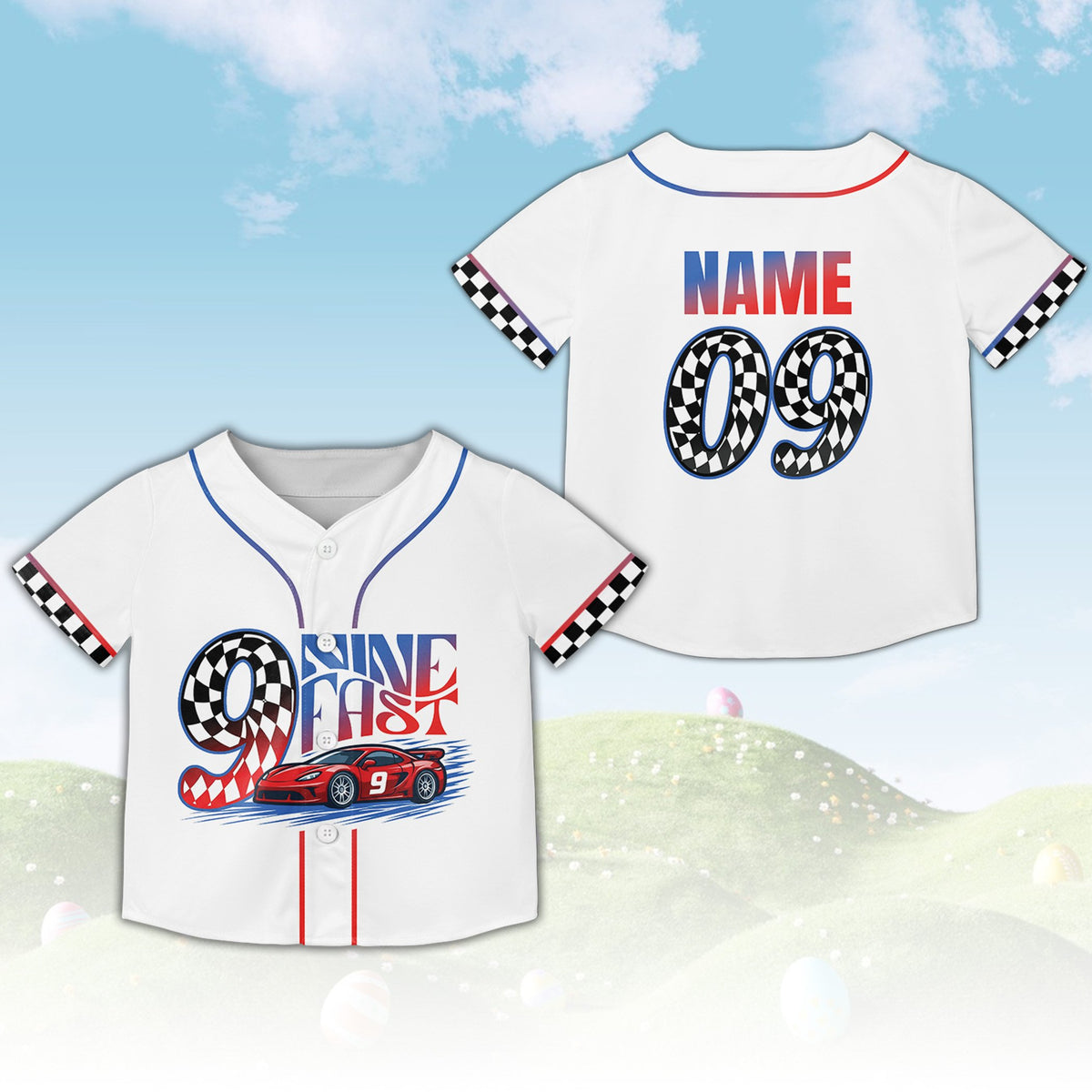 Racing birthday kids jersey in white with custom name and number, main view