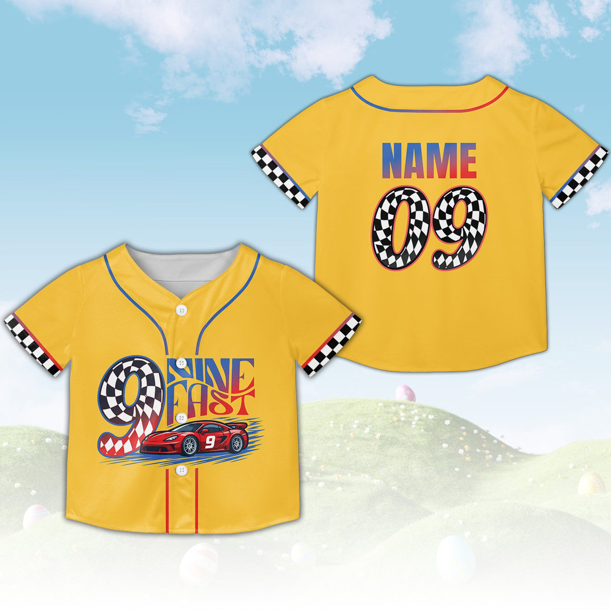 Racing birthday kids jersey in yellow, front view