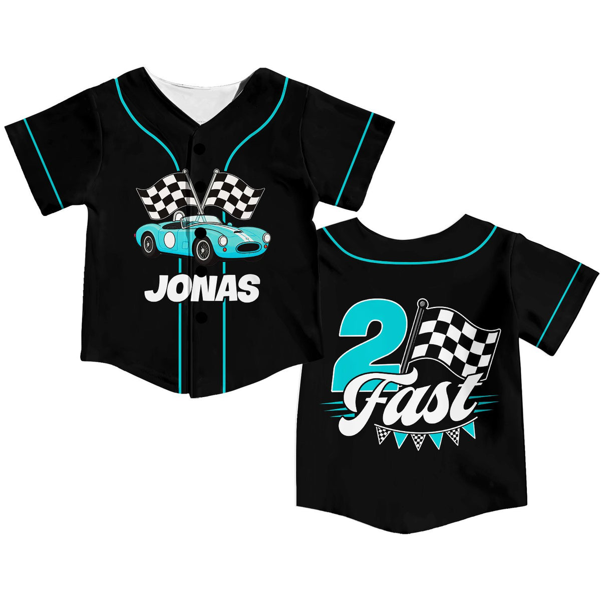 Black racing kids jersey with custom name and vintage race car design, front view