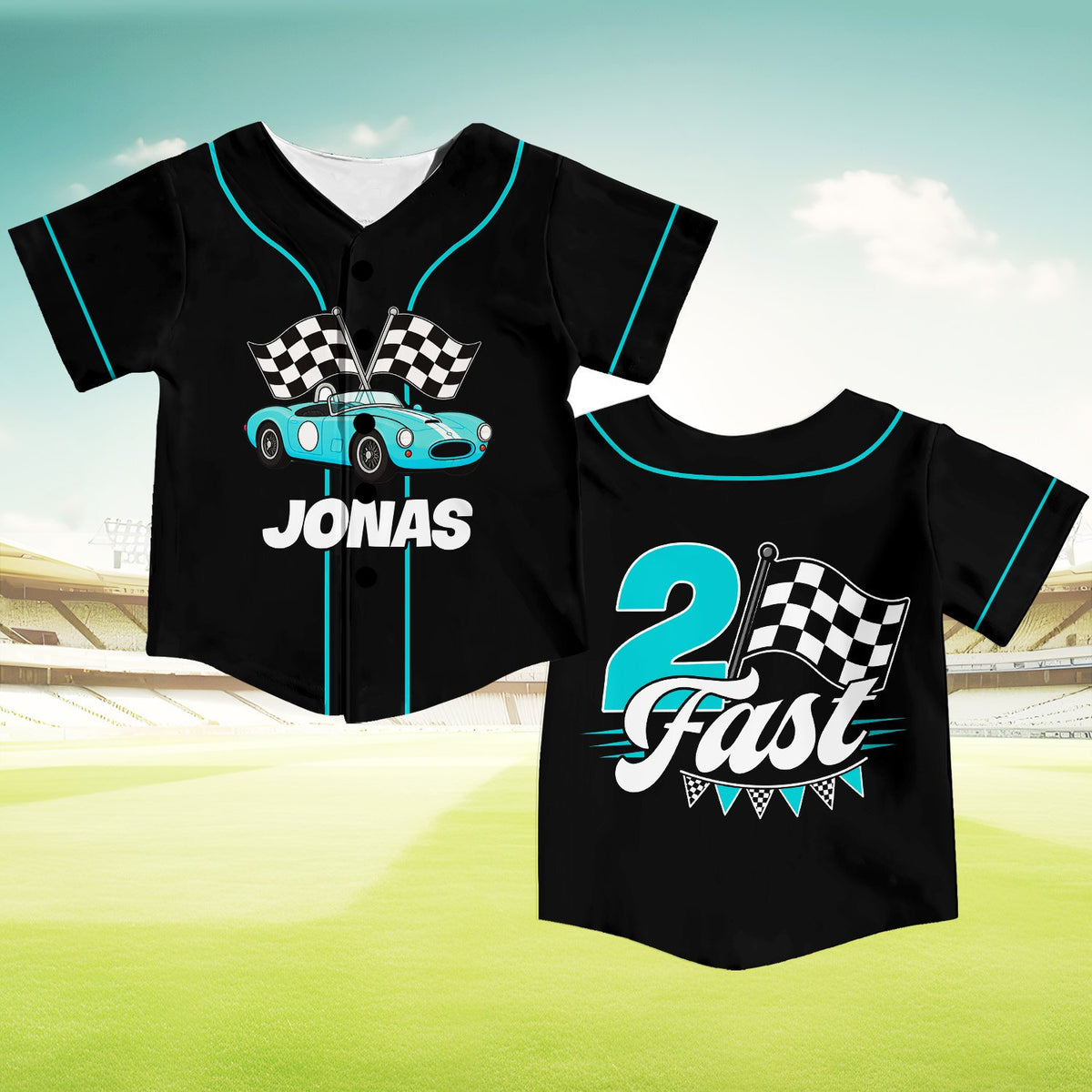 Second lifestyle view of a child wearing the black racing kids jersey