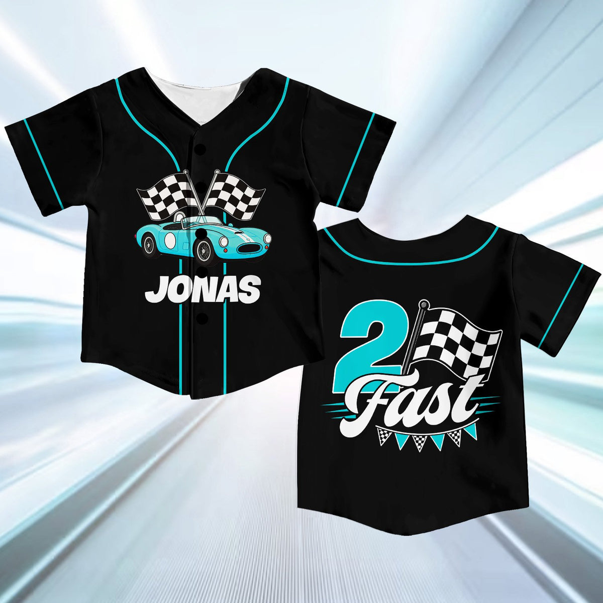 Lifestyle view of a child wearing the black racing kids jersey