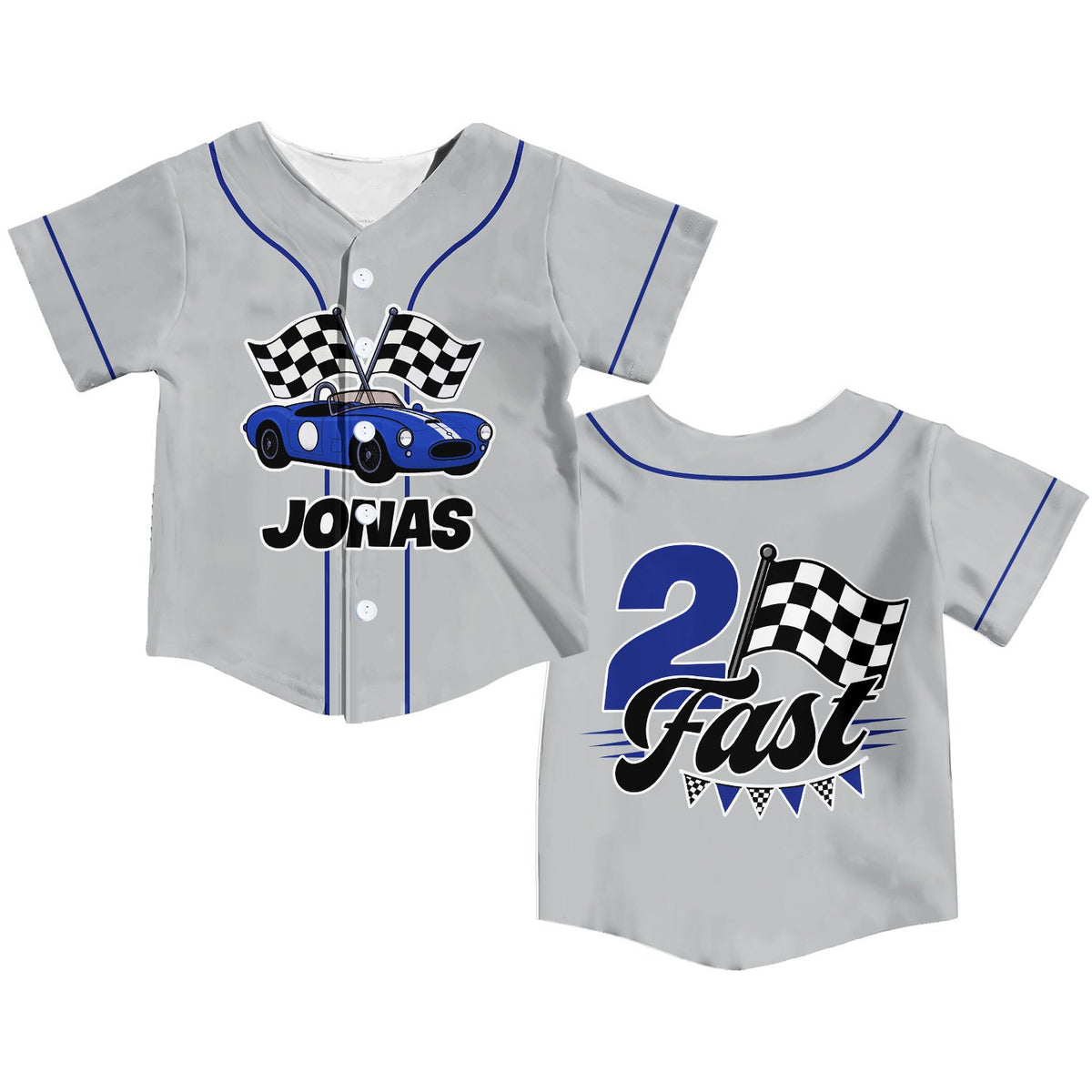 Gray racing kids jersey with custom name and vintage race car design, front view