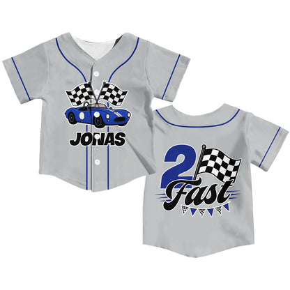 Gray racing kids jersey with custom name and vintage race car design, front view