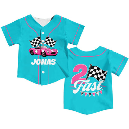 Teal racing kids jersey with custom name and vintage race car design, front view