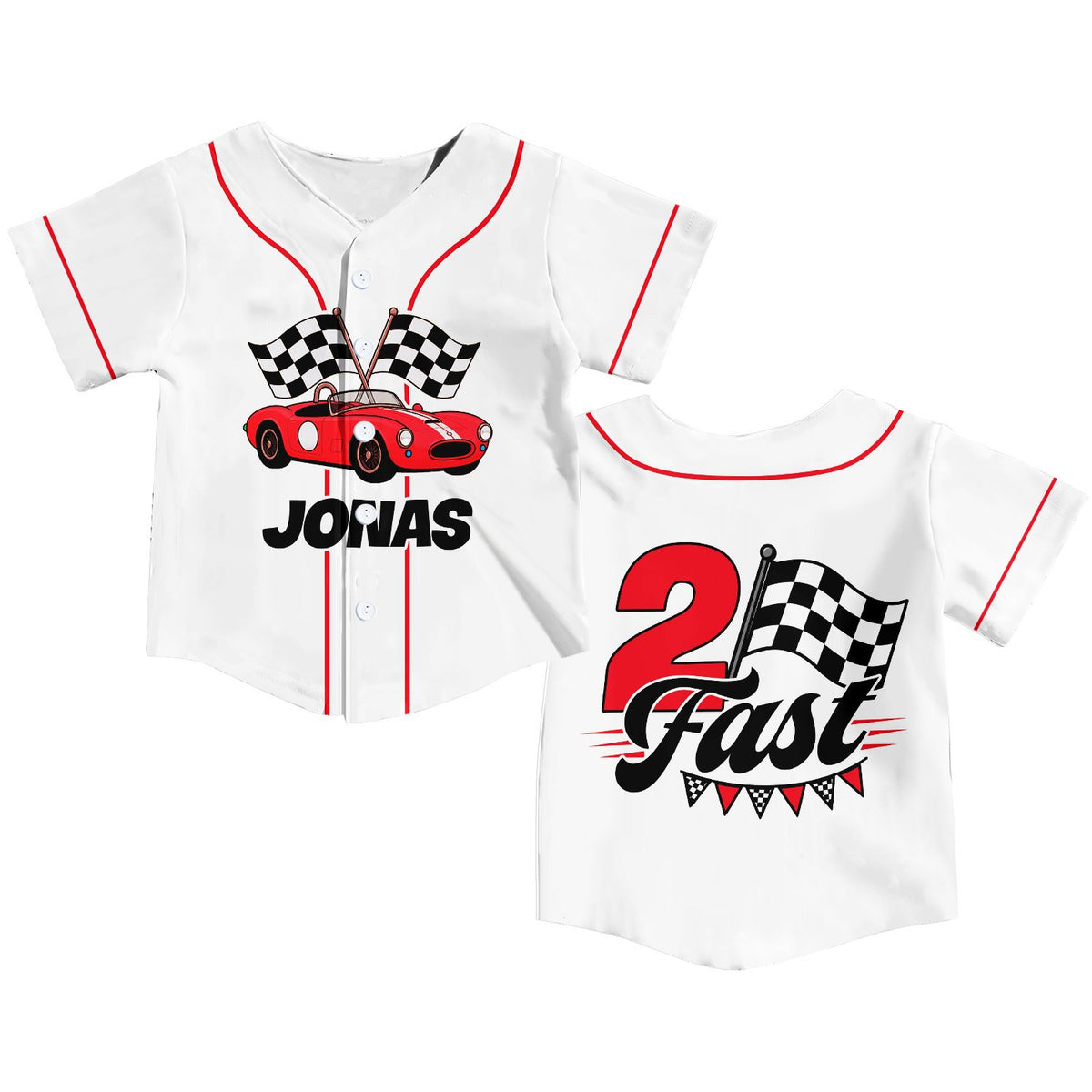 White racing kids jersey with custom name and vintage race car design, front view