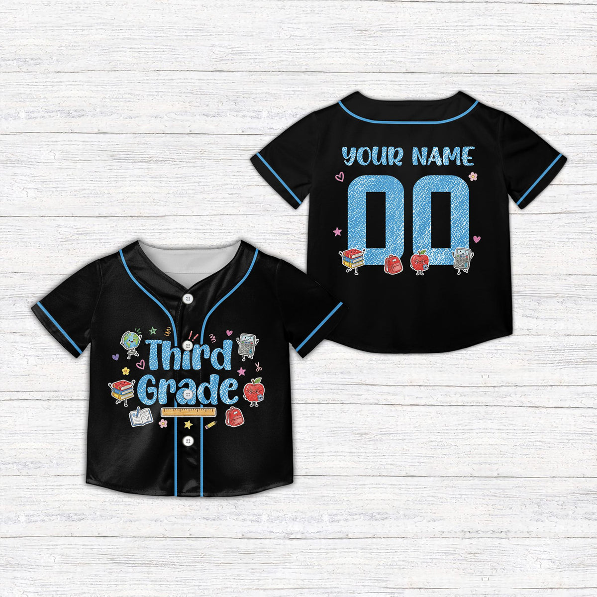 Custom name and number kids jersey in black, front view