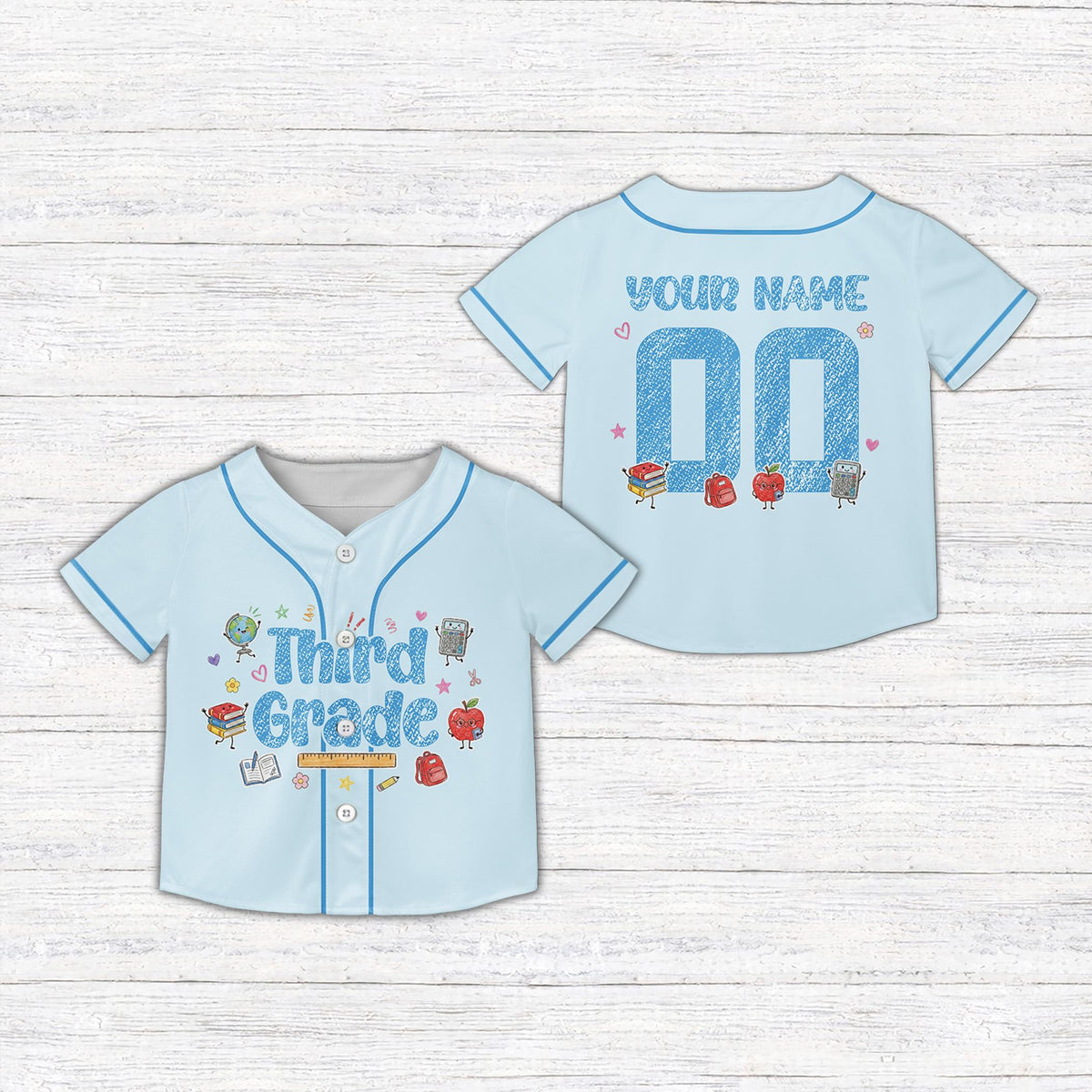 Blue school kids jersey featuring Third Grade text and cute school supplies on the front, main view