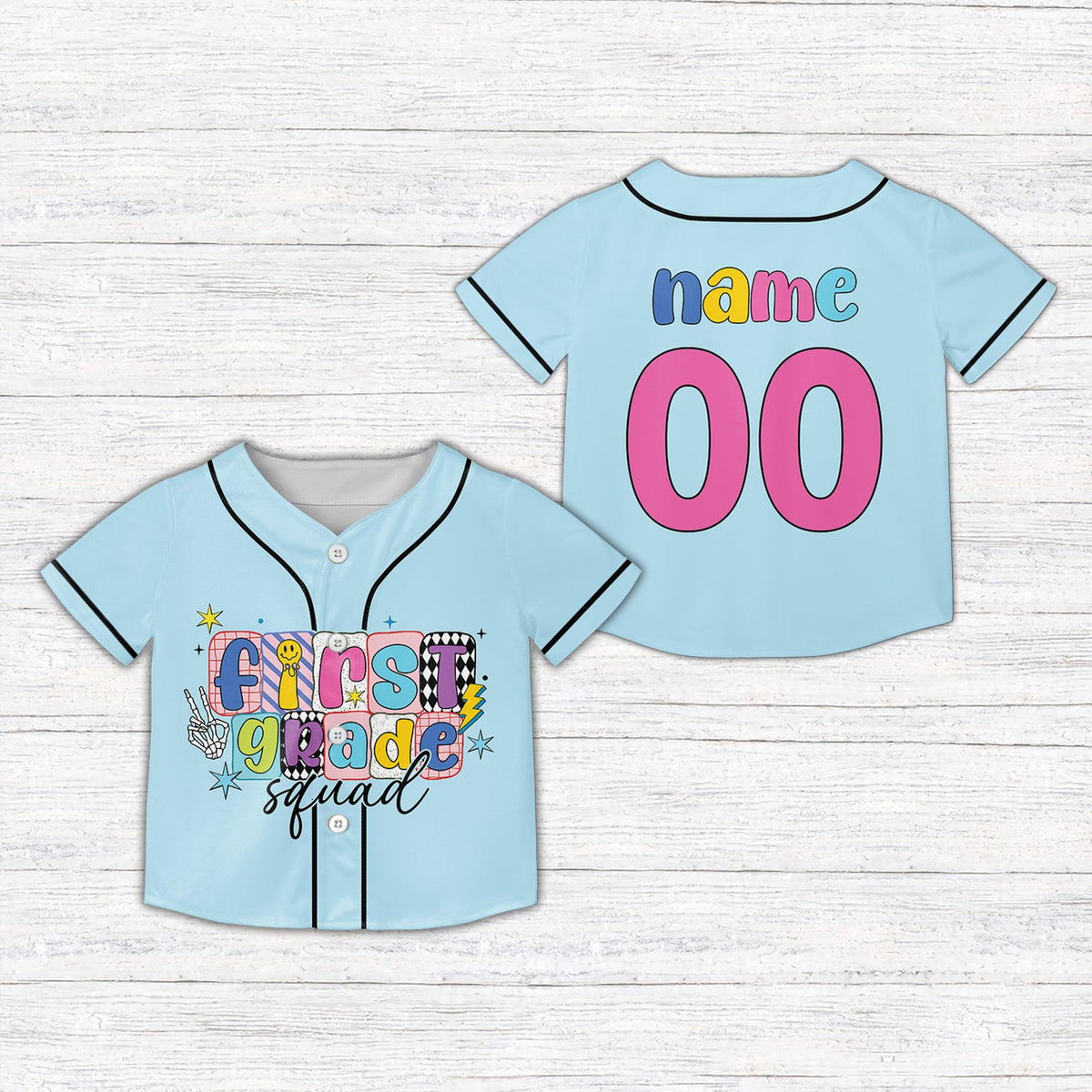 Front view of light blue kids jersey with custom name and number design
