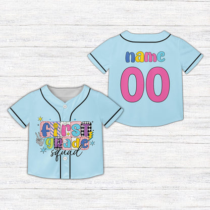 Front view of light blue kids jersey with custom name and number design