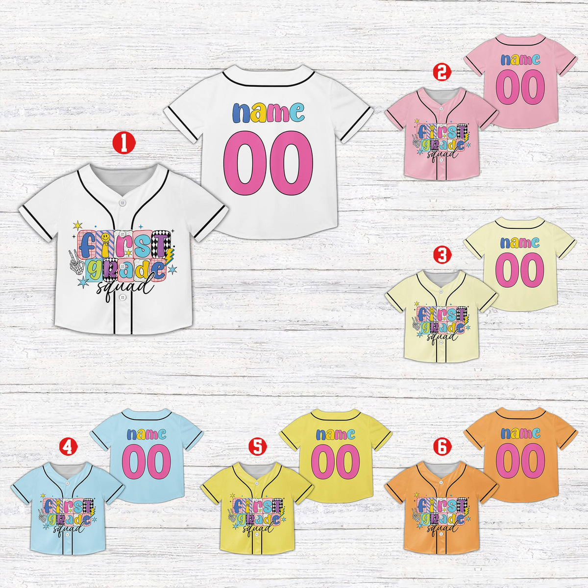 Front view of personalized kids jersey with colorful first grade squad graphic