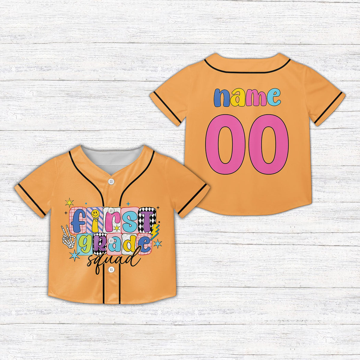 Front view of orange first grade squad kids jersey