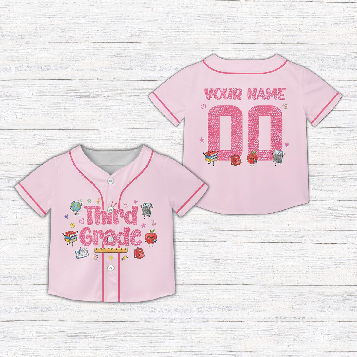 Youth kids jersey in pink featuring school supplies design, front view