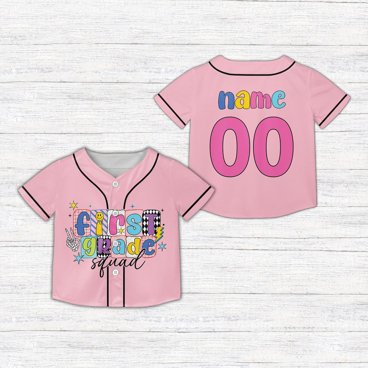 Front view of pink first grade squad kids jersey