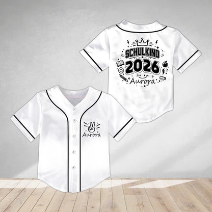 White kids jersey with name featuring a school theme and custom name, main view