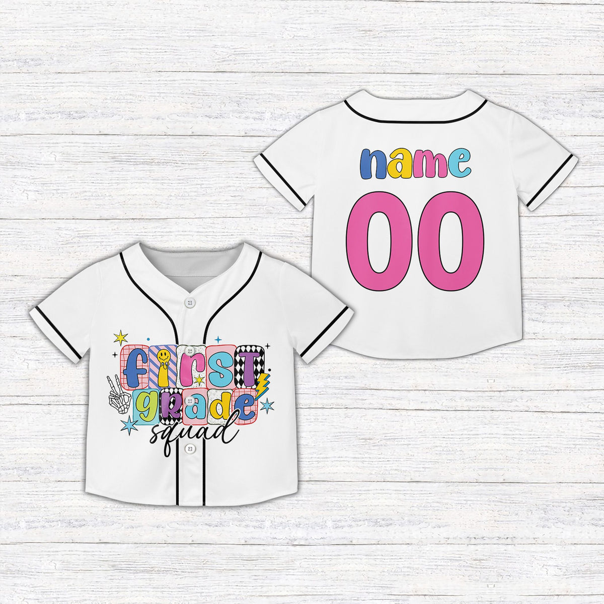 Main view of white school kids jersey with retro first grade squad design and custom name