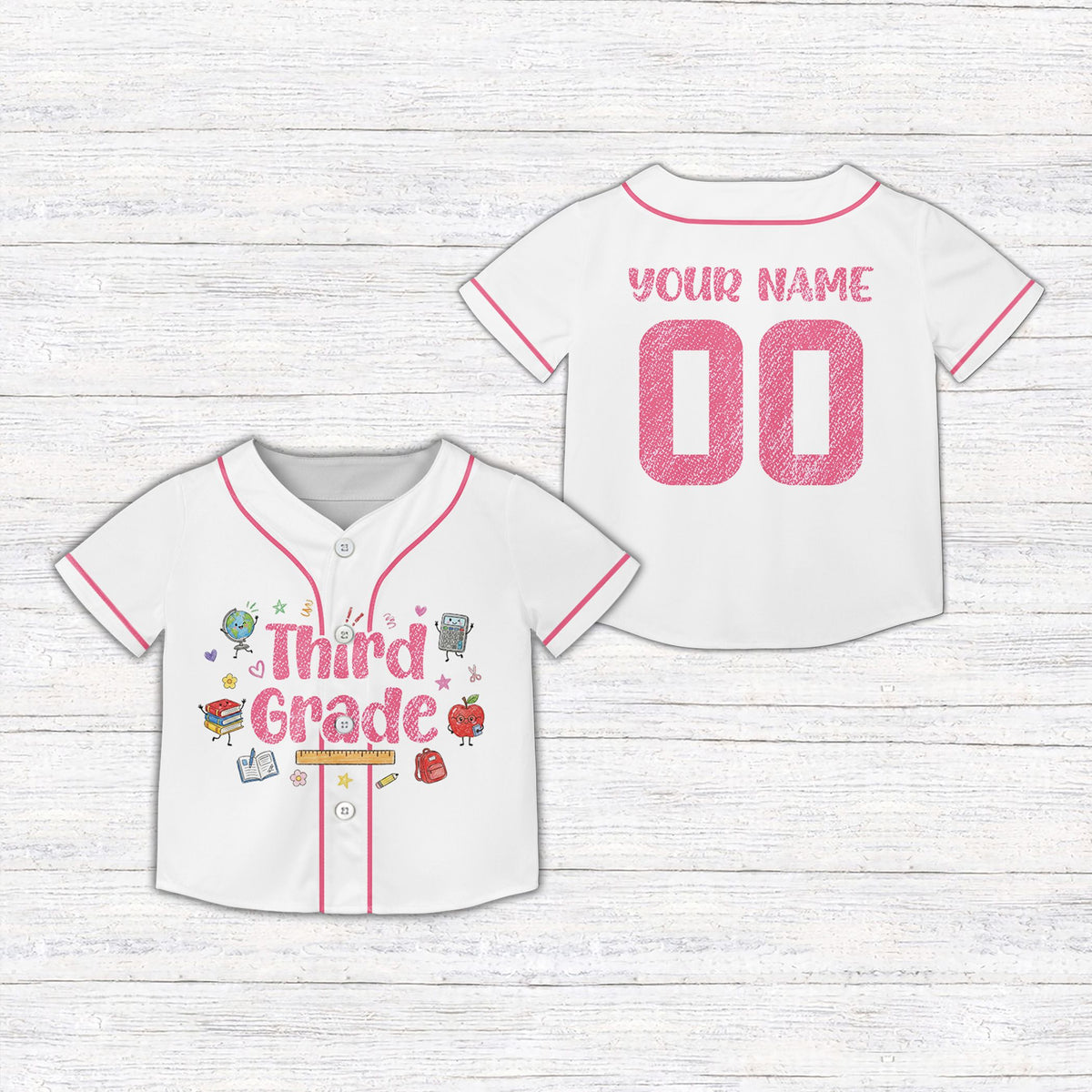 White school kids jersey with cartoon school design, front view