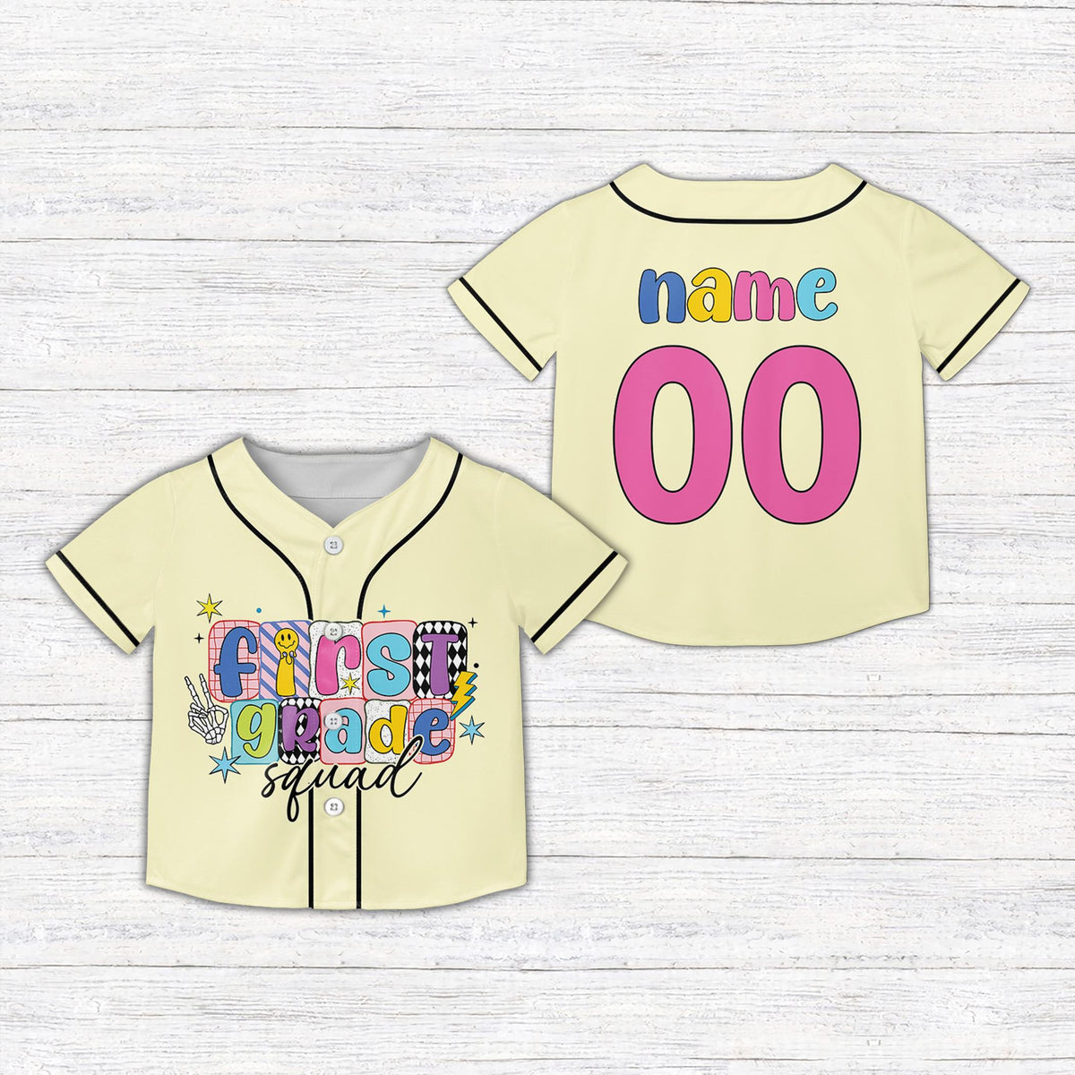 Front view of yellow first grade squad kids jersey with doodle elements