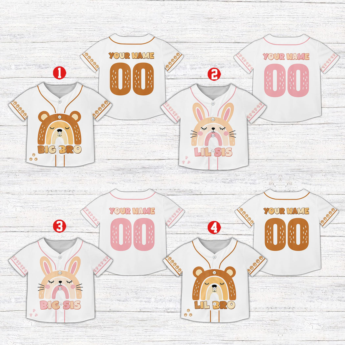 Front view of the white sibling kids jersey with big bro design