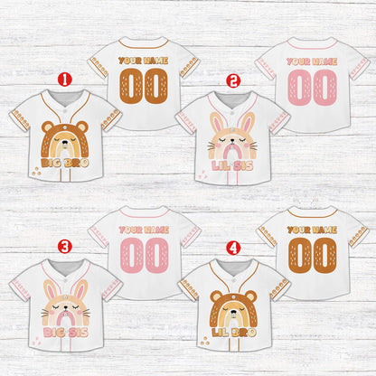 Main view of the white sibling kids jersey featuring animal rainbows and custom name styling