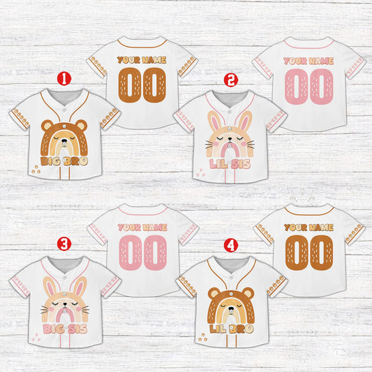 Main view of the white sibling kids jersey featuring animal rainbows and custom name styling