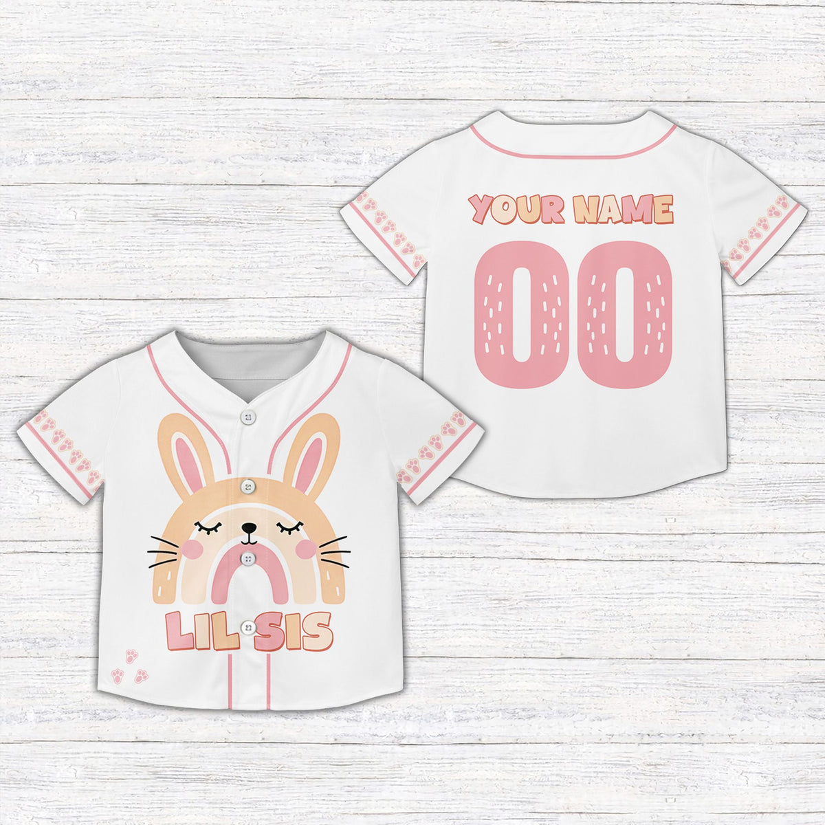 Front view of the white sibling kids jersey with lil sis bunny design