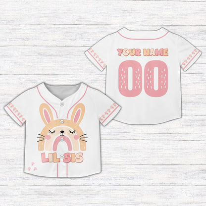 Front view of the white sibling kids jersey with lil sis bunny design