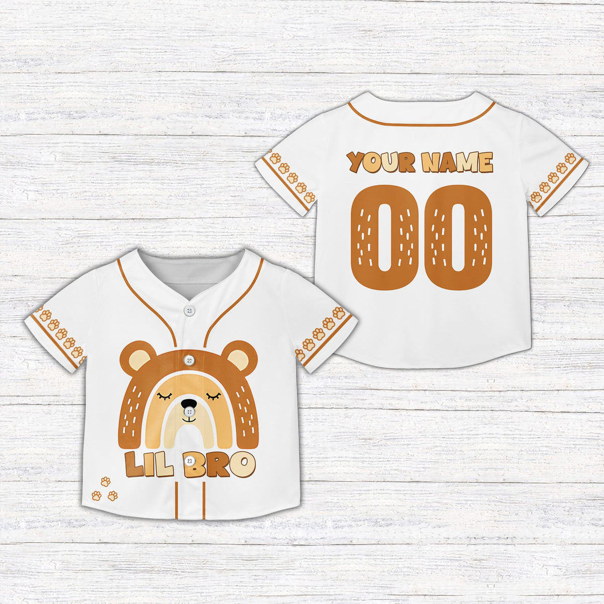 Front view of the white sibling kids jersey with lil bro bear design