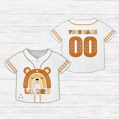 Front view of the white sibling kids jersey with lil bro bear design