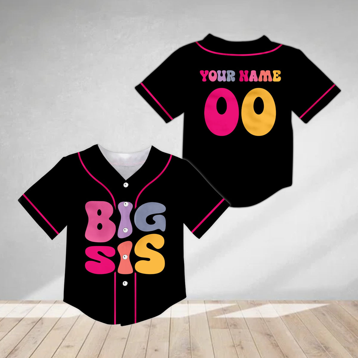 Front view of the black siblings kids jersey showing personalized text