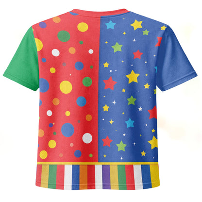 Back view of the red clown kids t-shirt showing colorful polka dot and star patterns